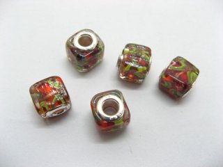 50 Red Silver Cube Glass European Beads