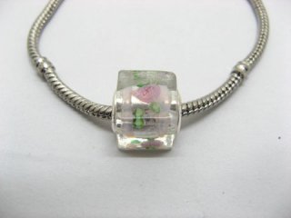 150 Light Pink Silver Flower Cube Glass European Beads
