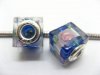50 Blue Silver Flower Cube Glass European Beads