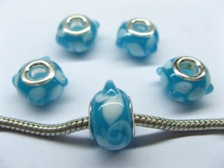 100 Sky Blue Round Dotted Glass European Beads pa-g38