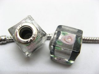 50 Black Silver Flower Cube Glass European Beads