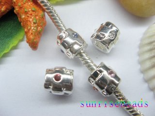 20pcs Silver Barrel Beads Inlay 2 Crystal European Beads