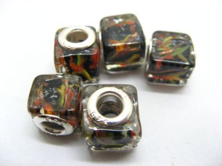 50 Black Silver Cube Glass European Beads