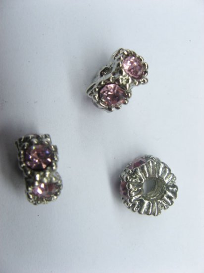 10 Metal European Thread Beads with Pink Rhinestone - Click Image to Close