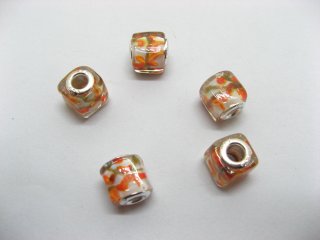 50 Orange Silver Cube Glass European Beads