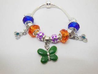 1X European Bracelet Beaded with Flower & Green Butterfly 20cm