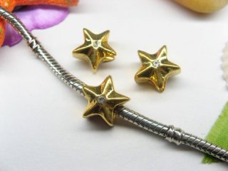 10pcs Golden Star Beads Fit European Beads with White Rhinestone