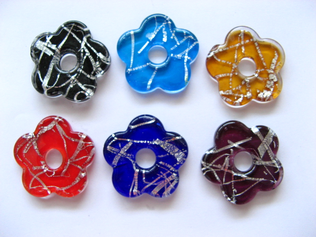 12 x Silver Foil Glass Flower Pendants Mixed Colour - Click Image to Close