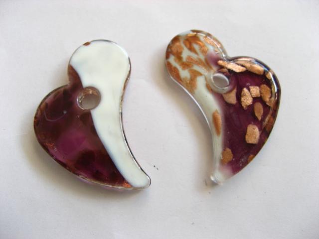 50X Golden Foil Glass Purple & White Heart Pendants - Click Image to Close