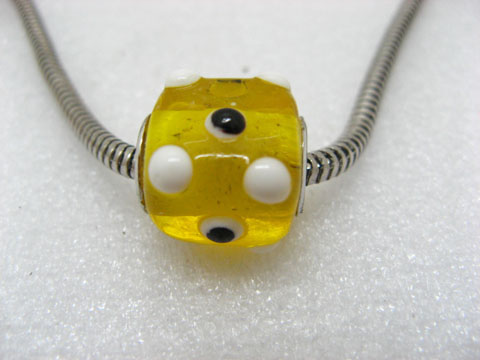 50 Yellow Murano Cubic Glass European Beads With White Dots - Click Image to Close
