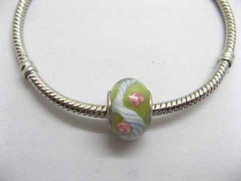 100 Light Green Murano Flower Round European Glass Beads - Click Image to Close