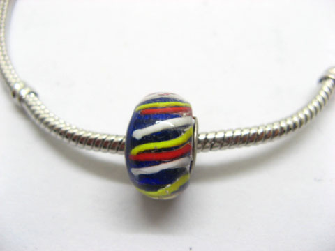 100 Dark Blue Colourful Stripe Glass European Beads be-g332 - Click Image to Close