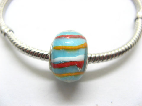 100 Aqua Colourful Stripe Glass European Beads be-g335 - Click Image to Close