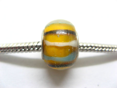 100 Yellow Colourful Stripe Glass European Beads be-g336 - Click Image to Close
