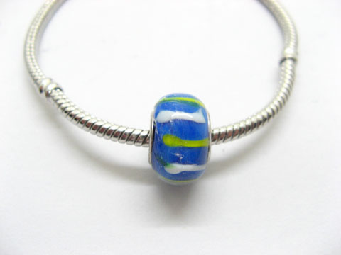 100 Blue Colourful Stripe Glass European Beads be-g337 - Click Image to Close