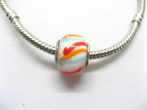 100 White Colourful Stripe Glass European Beads be-g338 - Click Image to Close