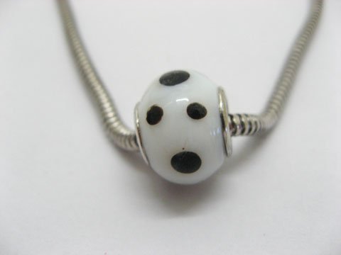 150 White Murano Black Dots Round Glass European Beads be-g293 - Click Image to Close