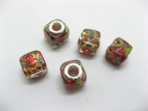 50 Red Silver Cube Glass European Beads - Click Image to Close