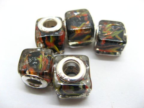 50 Black Silver Cube Glass European Beads - Click Image to Close