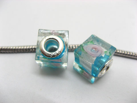 50 Skyblue Silver Flower Cube Glass European Beads - Click Image to Close