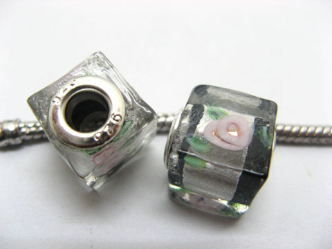 50 Black Silver Flower Cube Glass European Beads - Click Image to Close