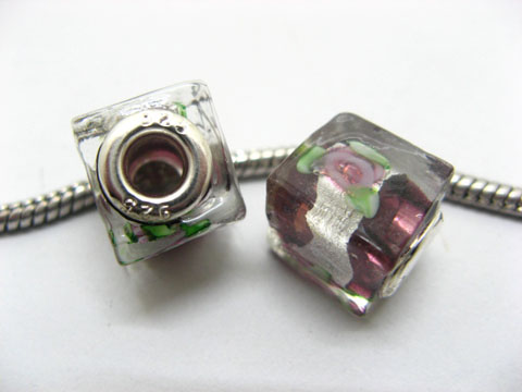 50 Dark Purple Silver Flower Cube Glass European Beads - Click Image to Close