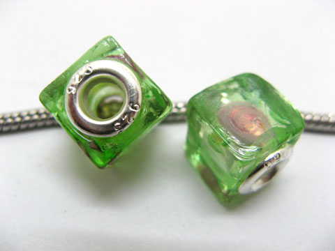 50 Green Silver Flower Cube Glass European Beads - Click Image to Close