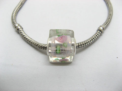 150 Light Pink Silver Flower Cube Glass European Beads - Click Image to Close