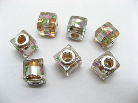 50 Coffee Silver Flower Cube Glass European Beads - Click Image to Close