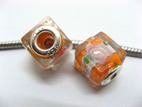 50 Orange Silver Flower Cube Glass European Beads - Click Image to Close