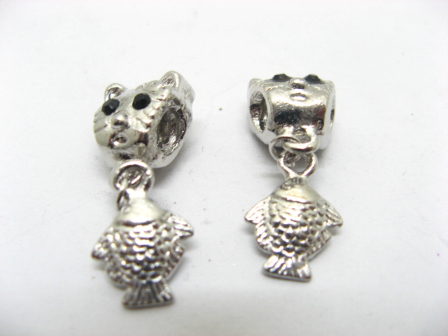 20 Alloy Cat Thread European Beads with fish Dangle ac-sp552 - Click Image to Close