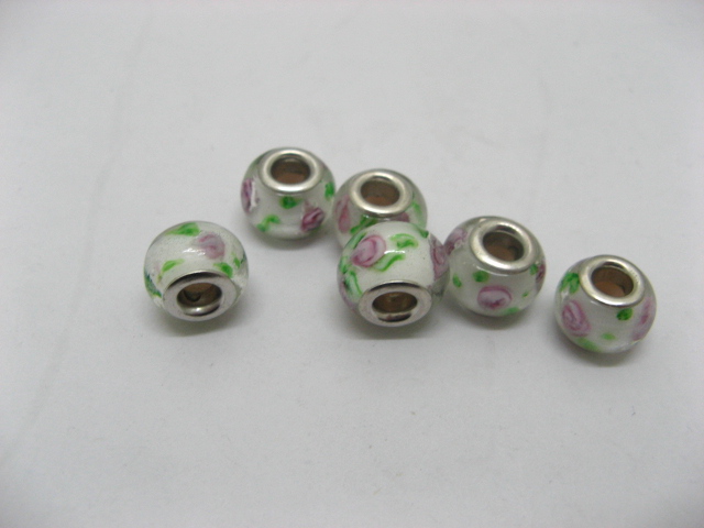 100 White Murano Flower Round Glass European Beads be-g351 - Click Image to Close