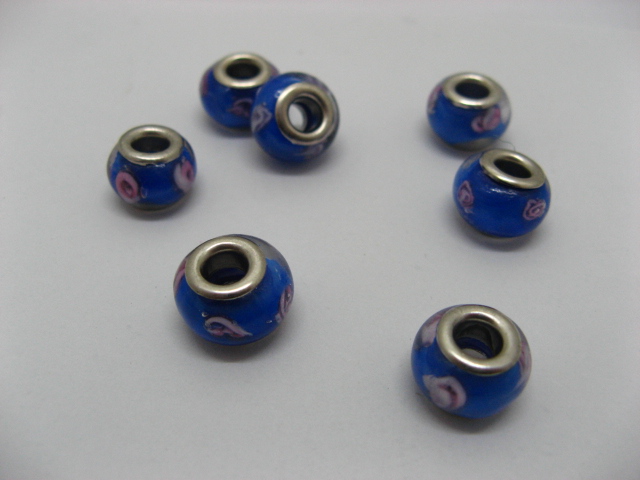 100 Blue Murano Flower Round Glass European Beads be-g438 - Click Image to Close
