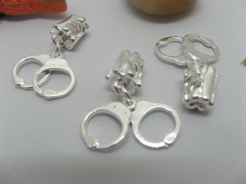 20 Silver European Thread Beads w/ Handcuffs Dangle - Click Image to Close