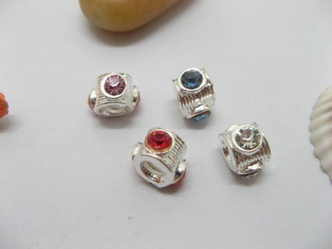 20 Silver Barrel European Thread Beads with Rhinestone - Click Image to Close