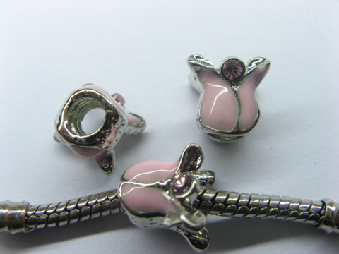 10 Pink Rose Enamel European Thread Beads with Rhinestone - Click Image to Close