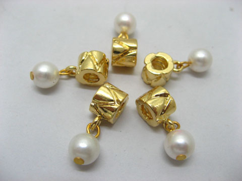 50X 18K Golden Plated Barrel European Beads With Pearl Dangle - Click Image to Close
