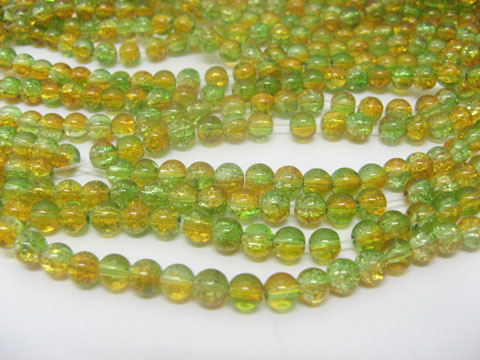 10 Strands Yellow & Green Round Crackle Glass Beads - Click Image to Close
