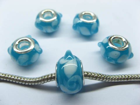 100 Sky Blue Round Dotted Glass European Beads pa-g38 - Click Image to Close