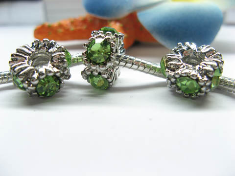 20 Thread European Beads with Green Rhinestone - Click Image to Close