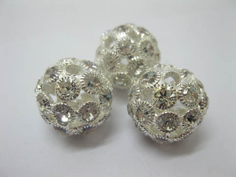 10Pcs Silver Plated Hollow Rhinestone Ball Beads 21mm - Click Image to Close
