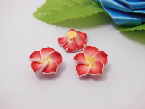 100 Red Fimo Beads Frangipani Jewellery Finding 1.5cm - Click Image to Close