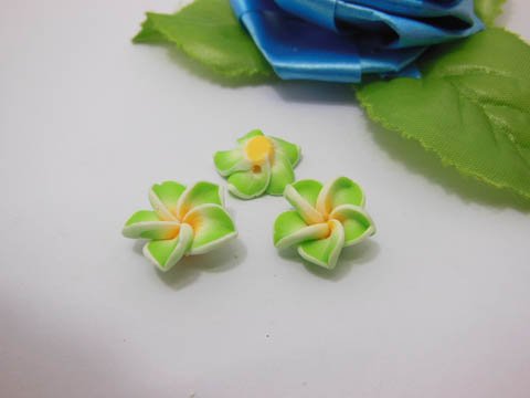 100 Green Fimo Beads Frangipani Jewellery Finding 1.5cm - Click Image to Close