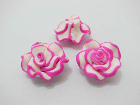 195 Fuschia White Fimo Rose Flower Beads Jewellery Findings 2cm - Click Image to Close