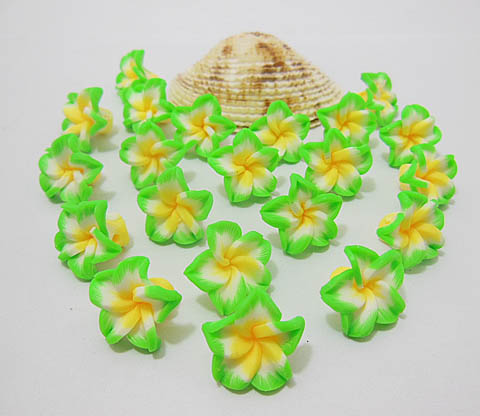 100 Green Fimo Beads Frangipani Jewellery Finding 15mm - Click Image to Close