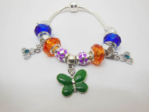 1X European Bracelet Beaded with Flower & Green Butterfly 20cm - Click Image to Close