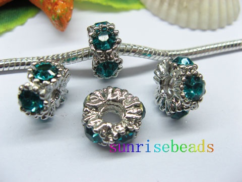 20pcs 18 KGP Beads Inlay 5 Blue Green Crystal Fit European Beads - Click Image to Close