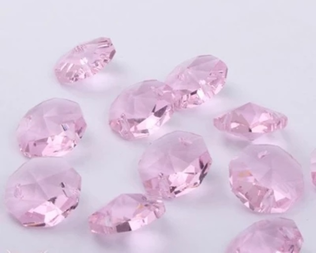 100 Pink Faceted Double-Hole Suncatcher Beads 14mm - Click Image to Close