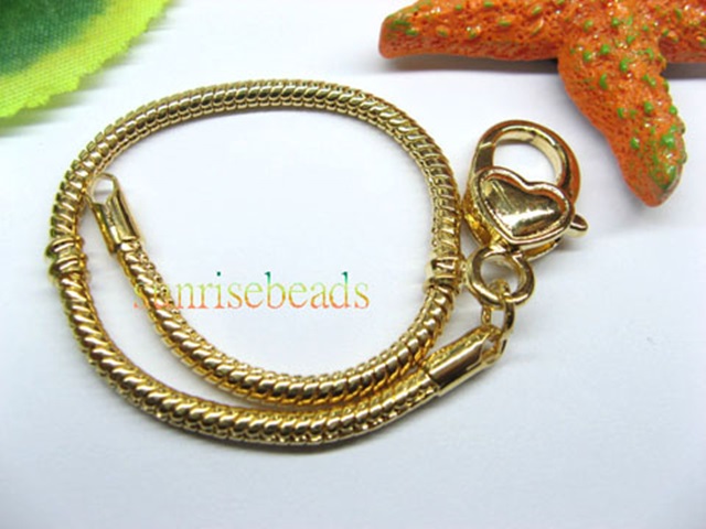5Pcs Golden Plated Heart Clasp Bracelet Fit European Beads 21cm - Click Image to Close