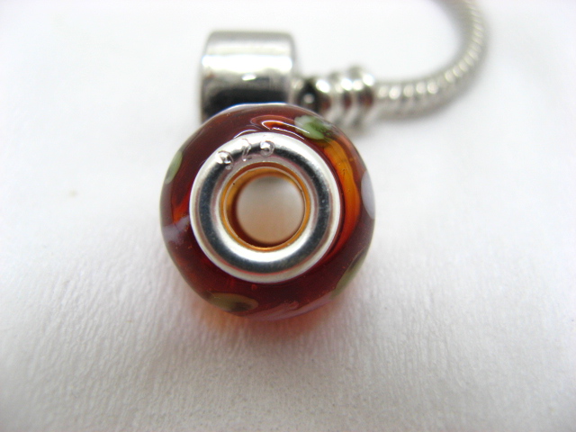 1X Coffee Murano Round Glass European Beads 925 Silver Core - Click Image to Close